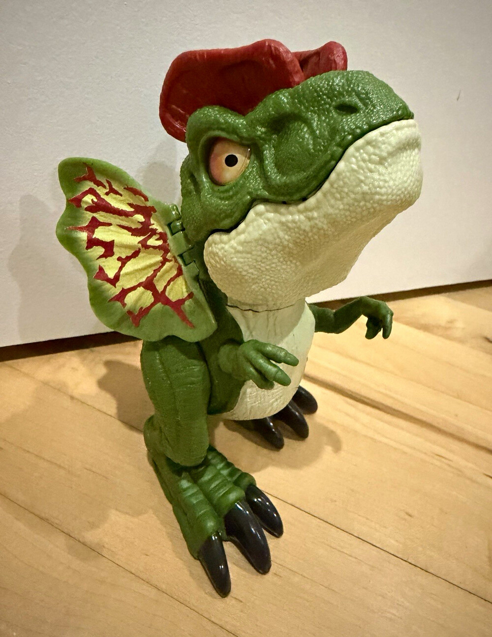 Green Dilophosaurus-Style Dinosaur Toy Figure w/ Red Crest & Side Frills